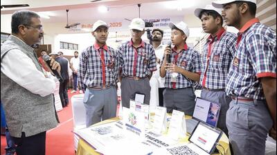 Union education minister Dharmendra Pradhan interacts with students at Delhi Public School, Mathura Road, during the Viksit Bharat Buildathon 2025, in New Delhi on Monday. (Dharmendra Pradhan X) Union education minister Dharmendra Pradhan interacts with students at Delhi Public School, Mathura Road, during the Viksit Bharat Buildathon 2025, in New Delhi on Monday. (Dharmendra Pradhan X)