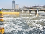 Froth on Yamuna near Kalindi Kunj on Tuesday. (Sunil Ghosh/HT Photo)