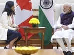 Indian Prime Minister Narendra Modi (right) with Canada’s Foreign Minister Anita Anand during a meeting, in New Delhi, on Monday. (PTI) Indian Prime Minister Narendra Modi (right) with Canada’s Foreign Minister Anita Anand during a meeting, in New Delhi, on Monday. (PTI)