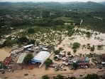 Aerial view taken during a Mexican Navy flyover shows the flooded streets after heavy rains in Poza Rica, Veracruz state, Mexico.