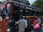 Thane, India - November 11, 2021: Thane RTO allows private bus services from Vandana Cinema ST Bus Depot as commuters face problems due to the ongoing MSRTC strike, in Thane, Mumbai, India, on Thursday, November 11, 2021. (Praful Gangurde/HT Photo) (HT PHOTO) Thane, India - November 11, 2021: Thane RTO allows private bus services from Vandana Cinema ST Bus Depot as commuters face problems due to the ongoing MSRTC strike, in Thane, Mumbai, India, on Thursday, November 11, 2021. (Praful Gangurde/HT Photo) (HT PHOTO)