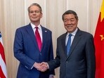 US Secretary of the Treasury Scott Bessent (left) shakes hands with Chinese Vice Premier He Lifeng during a bilateral meeting between the US and China, in Geneva, Switzerland, on May 10, 2025. (REUTERS)