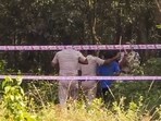 West Bengal police personnel during reconstruction of the crime scene as part of the ongoing probe into the medical student rape case, in Durgapur.