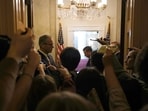 U.S. Senate Majority Leader John Thune (R-SD) speaks to reporters outside of his office in the U.S. Capitol Building on October 14.