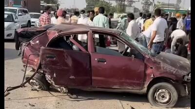 A damaged car after the collision on Bathinda bypass road in Barnala’s Dhanaula on Tuesday evening. The crash claimed lives of three people. (HT) A damaged car after the collision on Bathinda bypass road in Barnala’s Dhanaula on Tuesday evening. The crash claimed lives of three people. (HT)