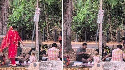 3-year-old Gaia eating with a desi family in Australia. (Instagram/@wildwithgaia) 3-year-old Gaia eating with a desi family in Australia. (Instagram/@wildwithgaia)