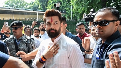 Union minister Chirag Paswan arrives to attend the meeting ahead of the Bihar Assembly Election, in New Delhi on Saturday. (ANI)