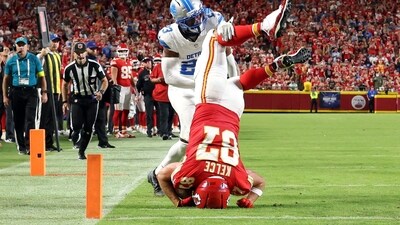 Kansas City Chiefs tight end Travis Kelce lands on his head after being tackled by cornerback Rock Ya-Sin of the Detroit Lions during the NFL 2025 game at Arrowhead Stadium on October 12. (Getty Images via AFP) Kansas City Chiefs tight end Travis Kelce lands on his head after being tackled by cornerback Rock Ya-Sin of the Detroit Lions during the NFL 2025 game at Arrowhead Stadium on October 12. (Getty Images via AFP)