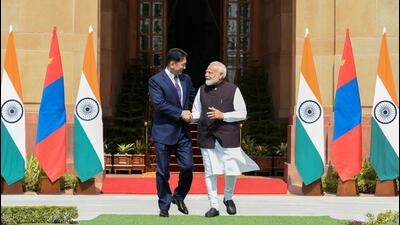 India's Prime Minister Narendra Modi meets with Mongolia's President Khurelsukh Ukhnaa at the Hyderabad House in New Delhi. (Press Information Bureau) India's Prime Minister Narendra Modi meets with Mongolia's President Khurelsukh Ukhnaa at the Hyderabad House in New Delhi. (Press Information Bureau)