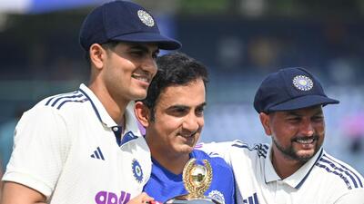 India skipper Shubman Gill, coach Gautam Gambhir and spinner Kuldeep Yadav pose with the trophy after their 2-0 Test series win over West Indies in Delhi on Tuesday. (Sanchit Khanna/HT Photo) India skipper Shubman Gill, coach Gautam Gambhir and spinner Kuldeep Yadav pose with the trophy after their 2-0 Test series win over West Indies in Delhi on Tuesday. (Sanchit Khanna/HT Photo)