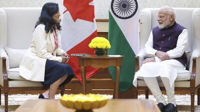 Indian Prime Minister Narendra Modi (right) with Canada’s Foreign Minister Anita Anand during a meeting, in New Delhi, on Monday. (PTI) Indian Prime Minister Narendra Modi (right) with Canada’s Foreign Minister Anita Anand during a meeting, in New Delhi, on Monday. (PTI)