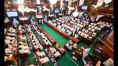 Members of the Tamil Nadu legislative assembly during the ongoing session, in Chennai on Tuesday. (PTI)