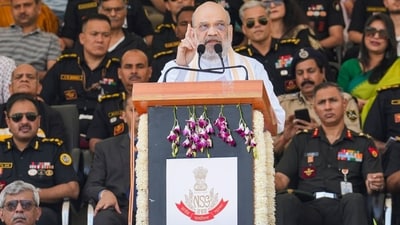 Amit Shah addresses the gathering during the 41st Raising Day celebrations of the National Security Guard (NSG) in Manesar, Haryana. (PTI) Amit Shah addresses the gathering during the 41st Raising Day celebrations of the National Security Guard (NSG) in Manesar, Haryana. (PTI)