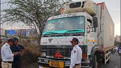 Pune, India - April 7, 2023: Police officials taking action on Heavy vehicles on Pune - Satara road (Dheeraj Bengrut story) in Pune, India, on Friday, April 7, 2023. (Photo by Ravindra Joshi/HT PHOTO)