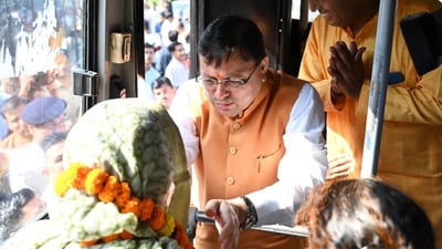 Chief Minister Pushkar Singh Dhami interacts with a pilgrim before flagging off a group of senior citizens for the Gangotri Dham pilgrimage under the state’s Matri-Pitri Teerthatan Yojana, in Haldwani on Tuesday. Chief Minister Pushkar Singh Dhami interacts with a pilgrim before flagging off a group of senior citizens for the Gangotri Dham pilgrimage under the state’s Matri-Pitri Teerthatan Yojana, in Haldwani on Tuesday.
