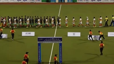 India hockey players doing high fives with Pakistan in Sultan of Johor Cup India hockey players doing high fives with Pakistan in Sultan of Johor Cup