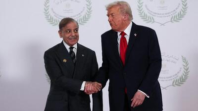 US President Donald Trump and Pakistani Prime Minister Shehbaz Sharif at the Egypt summit on Monday. (Reuters)