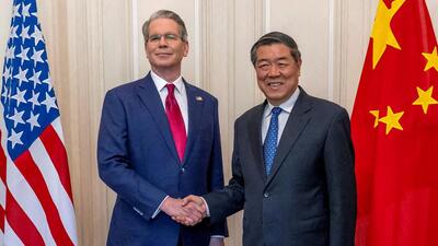 US Secretary of the Treasury Scott Bessent (left) shakes hands with Chinese Vice Premier He Lifeng during a bilateral meeting between the US and China, in Geneva, Switzerland, on May 10, 2025. (REUTERS) US Secretary of the Treasury Scott Bessent (left) shakes hands with Chinese Vice Premier He Lifeng during a bilateral meeting between the US and China, in Geneva, Switzerland, on May 10, 2025. (REUTERS)
