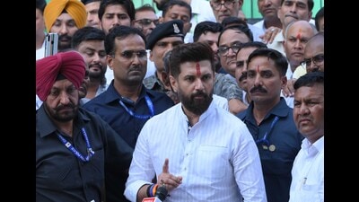 Union minister Chirag Paswan at IGP Y Puran Kumar’s residence in Chandigarh on Tuesday. (Keshav Singh/ Hindustan Times)