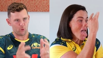 Australia's men's and women's cricketers make fun of India's handshake snub in the Asia Cup. (Screengrabs - Kayo Sports X) Australia's men's and women's cricketers make fun of India's handshake snub in the Asia Cup. (Screengrabs - Kayo Sports X)
