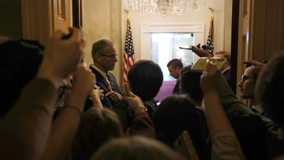 U.S. Senate Majority Leader John Thune (R-SD) speaks to reporters outside of his office in the U.S. Capitol Building on October 14. (Getty Images via AFP) U.S. Senate Majority Leader John Thune (R-SD) speaks to reporters outside of his office in the U.S. Capitol Building on October 14. (Getty Images via AFP)