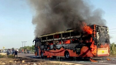 A bus travelling from Jaisalmer to Jodhpur catches fire, near Thaiyat village in Jaisalmer district, Rajasthan, Tuesday, Oct. 14, 2025. (PTI) A bus travelling from Jaisalmer to Jodhpur catches fire, near Thaiyat village in Jaisalmer district, Rajasthan, Tuesday, Oct. 14, 2025. (PTI)