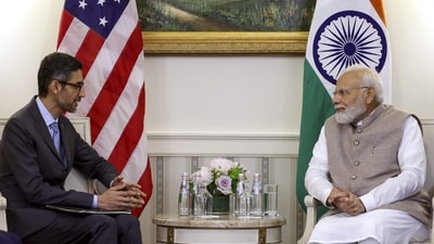 Prime Minister Narendra Modi with the CEO of Google and Alphabet Sundar Pichai during a meeting, at White House. (PTI) Prime Minister Narendra Modi with the CEO of Google and Alphabet Sundar Pichai during a meeting, at White House. (PTI)