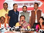 BJP Bihar President Dilip Jaishwal addresses a press conference as playback singer Maithili Thakur, along with former RJD MLA Bharat Bind, join the party during Milan Samaroh, in Patna on Tuesday. (ANI Photo) BJP Bihar President Dilip Jaishwal addresses a press conference as playback singer Maithili Thakur, along with former RJD MLA Bharat Bind, join the party during Milan Samaroh, in Patna on Tuesday. (ANI Photo)