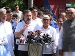 Congress leaders Rahul Gandhi, Kumari Selja, Bhupinder Singh Hooda and Deepender Hooda outside the house of IG Y Puran Kumar in Chandigarh on Tuesday. (Keshav Singh / Hindustan Times) Congress leaders Rahul Gandhi, Kumari Selja, Bhupinder Singh Hooda and Deepender Hooda outside the house of IG Y Puran Kumar in Chandigarh on Tuesday. (Keshav Singh / Hindustan Times)