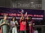 People stage a protest over the alleged rape of a medical student in Durgapur of West Bengal, in Kolkata, Tuesday, 