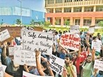 Students hold a demonstration on the South Asian University campus in New Delhi. Students hold a demonstration on the South Asian University campus in New Delhi.