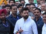 Union minister Chirag Paswan at IGP Y Puran Kumar’s residence in Chandigarh on Tuesday. (Keshav Singh/ Hindustan Times) Union minister Chirag Paswan at IGP Y Puran Kumar’s residence in Chandigarh on Tuesday. (Keshav Singh/ Hindustan Times)