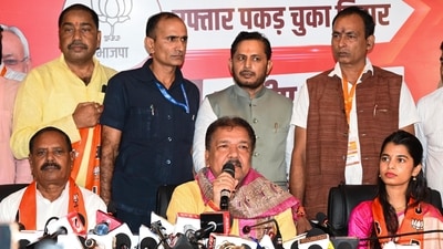 BJP Bihar President Dilip Jaishwal addresses a press conference as playback singer Maithili Thakur, along with former RJD MLA Bharat Bind, join the party during Milan Samaroh, in Patna on Tuesday. (ANI Photo) (Rahul Sharma) BJP Bihar President Dilip Jaishwal addresses a press conference as playback singer Maithili Thakur, along with former RJD MLA Bharat Bind, join the party during Milan Samaroh, in Patna on Tuesday. (ANI Photo) (Rahul Sharma)