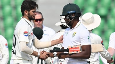 Pakistan's Shaheen Afridi shakes hands with South Africa's Kagiso Rabada after winning the first Test (AFP) Pakistan's Shaheen Afridi shakes hands with South Africa's Kagiso Rabada after winning the first Test (AFP)