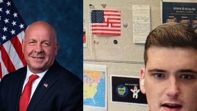 GOP House Rep. Dave Taylor and the viral photo of Angelo Elia with the swastika flag at his office. (X/@rooster_ohio) GOP House Rep. Dave Taylor and the viral photo of Angelo Elia with the swastika flag at his office. (X/@rooster_ohio)