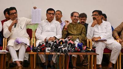 Maharashtra Navnirman Sena (MNS) chief Raj Thackeray, Balasaheb Thorat of the Congress, Shiv Sena (UBT) chief Uddhav Thackeray and NCP (SP) leader Jayant Patil were among the opposition leaders who addressed the media following a joint meeting with Maharashtra’s chief electoral officer (CEO) S Chockalingam and the state election commissioner (SEC) Dinesh Waghmare on Wednesday. (Raju Shinde/HT Photo) Maharashtra Navnirman Sena (MNS) chief Raj Thackeray, Balasaheb Thorat of the Congress, Shiv Sena (UBT) chief Uddhav Thackeray and NCP (SP) leader Jayant Patil were among the opposition leaders who addressed the media following a joint meeting with Maharashtra’s chief electoral officer (CEO) S Chockalingam and the state election commissioner (SEC) Dinesh Waghmare on Wednesday. (Raju Shinde/HT Photo)