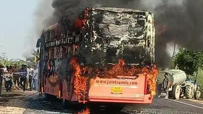 Officials said the toll may rise as several charred bodies remain stuck to the bus frame. (X/narpat_rat18280) Officials said the toll may rise as several charred bodies remain stuck to the bus frame. (X/narpat_rat18280)