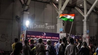 People stage a protest in Kolkata over the alleged rape of a medical student in Durgapur of West Bengal. (PTI) People stage a protest in Kolkata over the alleged rape of a medical student in Durgapur of West Bengal. (PTI)