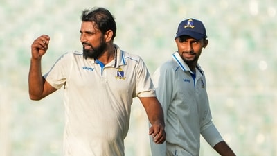 Bengal's Mohammed Shami celebrates after the wicket of Uttarakhand's Devendra Singh Bora during the Ranji Trophy (PTI)