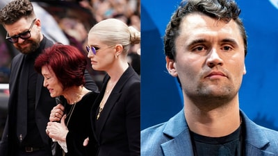 Sharon Osbourne with her children at Ozzy Osbourne's funeral (L) and Charlie Kirk. (File Photos)