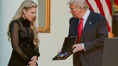 US President Donald Trump presents the Medal of Freedom to Erika Kirk, wife of slain conservative commentator Charlie Kirk. (REUTERS)