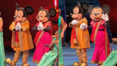 Mickey looked sharp in a richly embroidered kurta, while Minnie shone in a glittering saree. (@theglobalvegetarian/Instagram) Mickey looked sharp in a richly embroidered kurta, while Minnie shone in a glittering saree. (@theglobalvegetarian/Instagram)