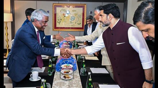 Andhra Pradesh CM N Chandrababu Naidu, Minister for IT and Electronics Nara Lokesh with Google Cloud CEO Thomas Kurian during a meeting in New Delhi. (ANI PHOTO)
