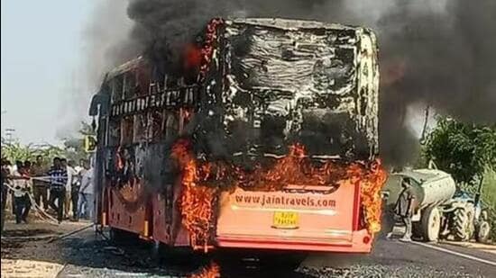 Officials said the toll may rise as several charred bodies remain stuck to the bus frame. (X/narpat_rat18280)