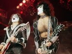 Paul Stanley, right, and Ace Frehley of the rock band Kiss perform during their sold-out Halloween concert at Dodger Stadium 