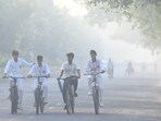 Students in Noida go to school amid a smoggy morning, AQI in Delhi-NCR has dropped to 'poor' ahead of Diwali. Students in Noida go to school amid a smoggy morning, AQI in Delhi-NCR has dropped to 'poor' ahead of Diwali.