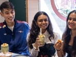 Friends indulge in motichoor matcha Friends indulge in motichoor matcha