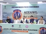 Lalnghinglova Hmar (C), Mizoram’s sports minister, at the press conference to launch the Aizawl International Half Marathon in New Delhi on Thursday. (Mizoram sports ministry)