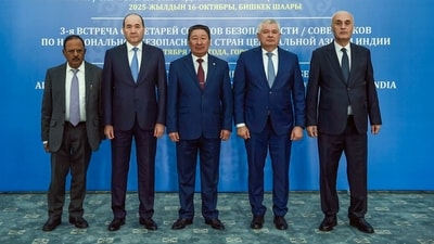 NSA Ajit Doval in a group picture during the 3rd meeting of the India-Central Asia Secretaries of the Security Councils / National Security Advisers, in Bishkek on Thursday.. (Embassy of India in Kyrgyz Repub via ANI) NSA Ajit Doval in a group picture during the 3rd meeting of the India-Central Asia Secretaries of the Security Councils / National Security Advisers, in Bishkek on Thursday.. (Embassy of India in Kyrgyz Repub via ANI)