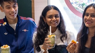 Friends indulge in motichoor matcha